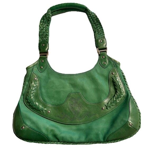 Cole Haan Green Embossed Leather Handbag With Braid Detail, size in photos. - Picture 1 of 9